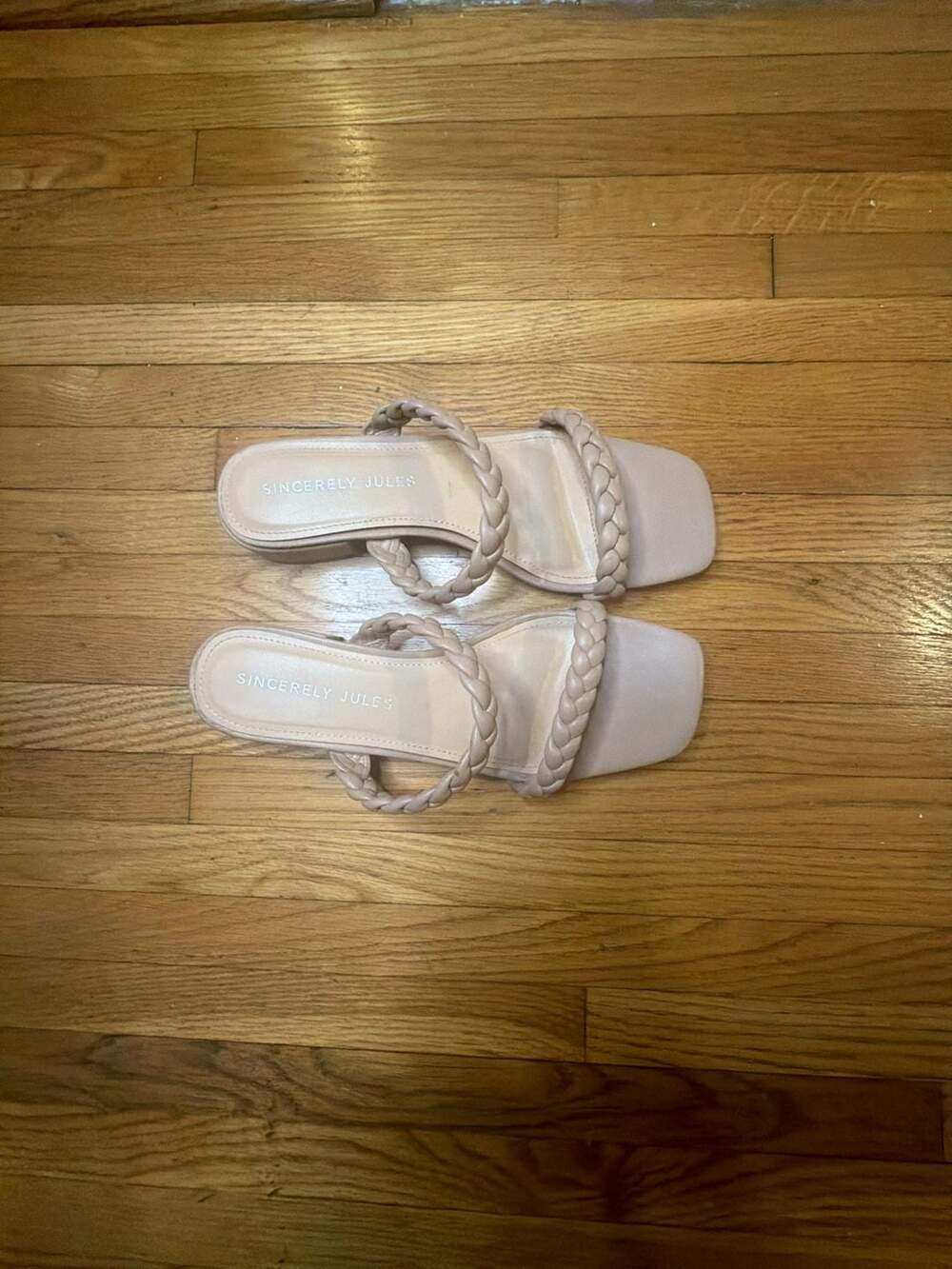 Sincerely Jules Nude Braided Two-Band Low Block Heel Sandals